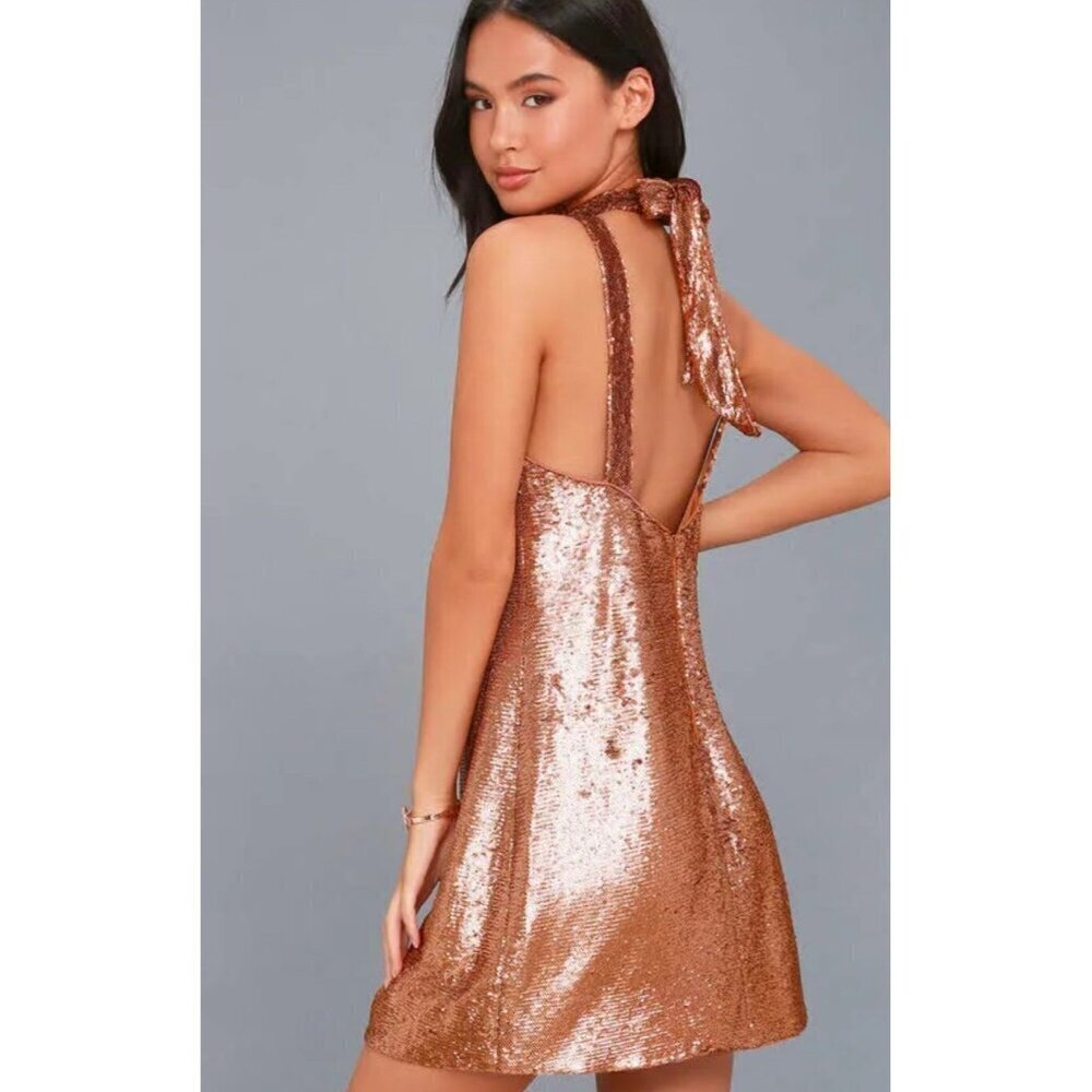 C/Meo Collective Sequence dress halter copper rose gold S Resolve ILLUMINATED